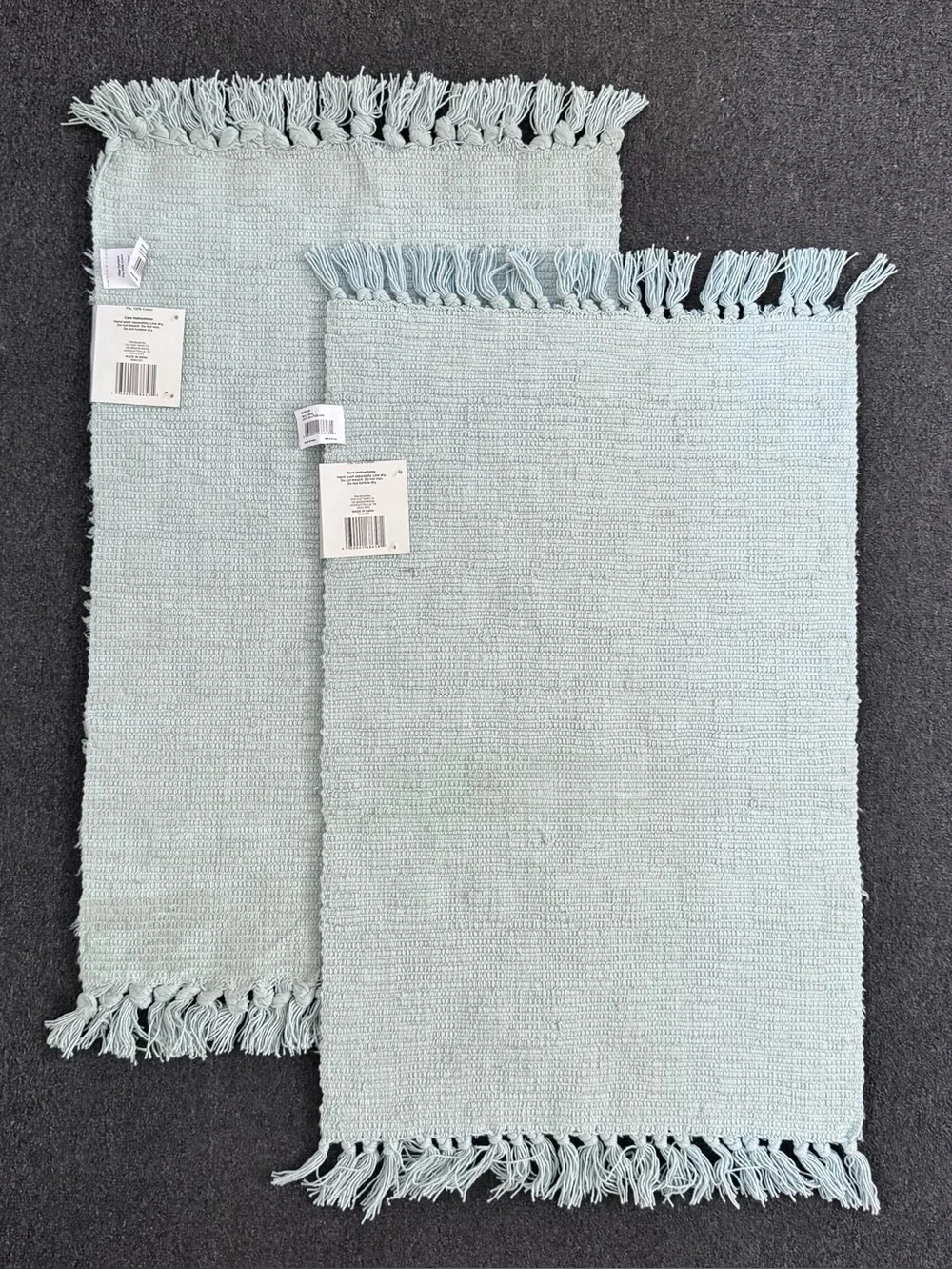 Home Collections Checkered Fringe Bath Mats Cotton Set of Two Aqua Blue 18x28 NW